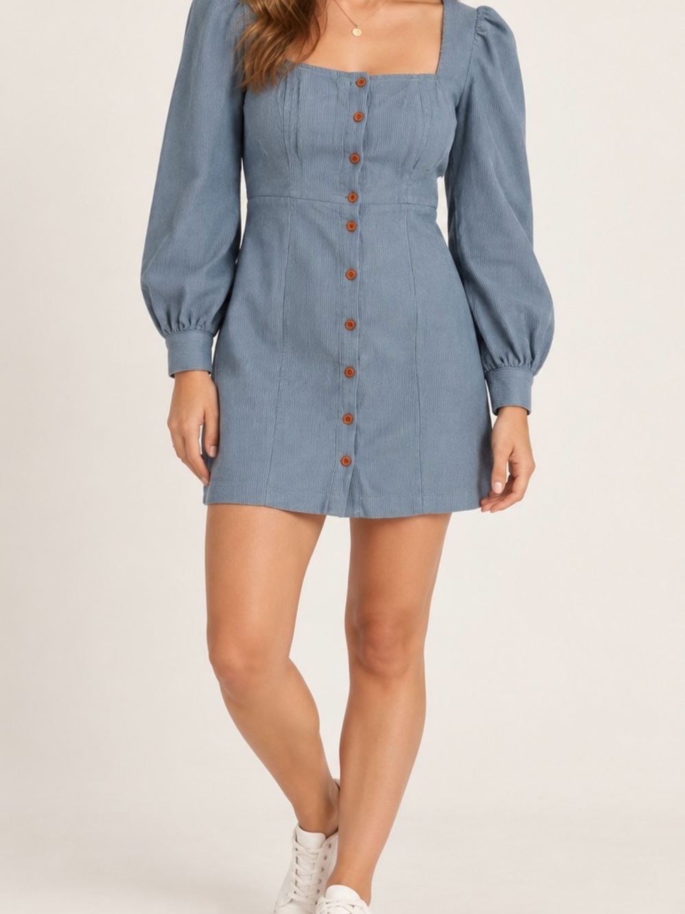 Lulu's Square Neck Button-Front Mini Dress in Dusty Blue